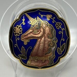 Vintage Cloisonné Unicorn Scarf Slide‎ Gold Tone Blue Enamel Mythical Horse